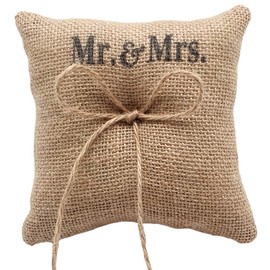 Laurel & Mason Natural Jute Wedding Ring Pillow - Mr & Mrs Rustic Cushion Bearer Wedding Decorations 13cm