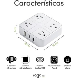 Regleta 7 en 1 con USB-C y USB-A – 4 tomas AC, cable 1.5 m – Raganet