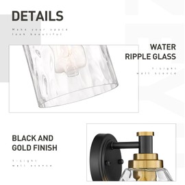 zeyu Modern Wall Sconces, 1-Light Sconces Wall Lighting, Industrial Bathroom Vanity Light Fixture with Water Ripple Glass Shade, Black and Gold Finish, ZG33B BK+BG-WG