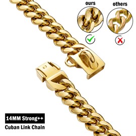 Strong Stainless Steel Gold Dog Collars with Safety Buckle Lock,14MM Cuban Link Chain Training Collar,Dog Necklace Walking Collar for Small Dogs - 10''