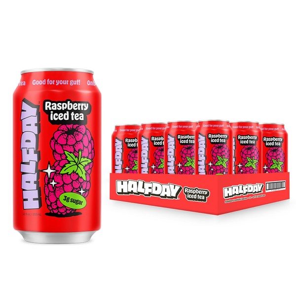 Halfday Prebiotic Raspberry Iced Tea 12-Pack - Nostalgic Flavor, Low