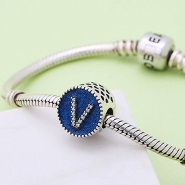 Hoobeads Abalorio de letras de Navidad con inicial del alfabeto A-Z de plata de ley 925 esmaltado azul, Sterling 925, Circonita cúbica