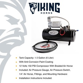 Viking Horns V3305 1.5 Gallon Air Tank & air Compressor Kit, On-Board Air System For Train Air Horn