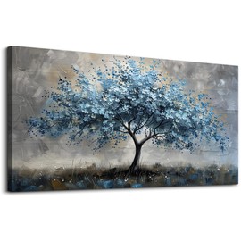 MHARTK66 Canvas Wall Art for Living Room, Bedroom, Office - Farmhouse Wall Decor - Gray & Blue Tree Landscape - 40"X20" Ready to Hang