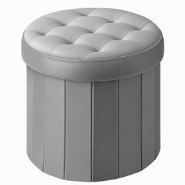 Bsketa® Folding Storage Ottoman Round 14" x 14" x 13"Inch Foot Stool with Thicker Foam Padded Seat Small Velvet Storage Ottoman Bench Foot Rest for Living Room Foldable Coffee Table(Grey)