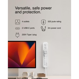 Belkin SurgePro 4-Outlet Surge Protector with Dual USB-C 30W, 2M Power Cord, RCM Safety Certified - SRB005AU2M