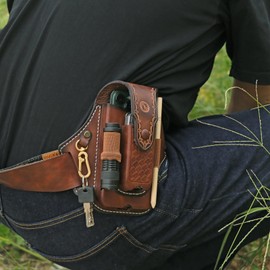 Tourbon - Estuche de cuero para teléfono celular, funda para multiherramienta, con ranura para linterna y clip para llavero, con cierre magnético, para cinturón