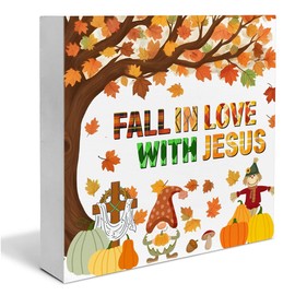 Fall Decor, Autumn Thanksgiving Wooden Sign Decor Desk Sign Fall in Love with Jesus Wooden Block Sign Rustic Home Shelf Wall Decoration