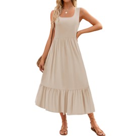 ZESICA Women's 2025 Summer Sleeveless Dress Square Neck Pleated Tiered Swing Maxi Dresses with Pockets,Apricot,Medium