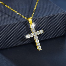 Byourcher 18K Gold Plated Cross Pendant Moissanite Diamond Necklace for Women, 925 Sterling Silver Hypoallergenic Jewelry Gift for Mother's Day, Birthday,Wedding (Classic, Gold, 45CM Chain)
