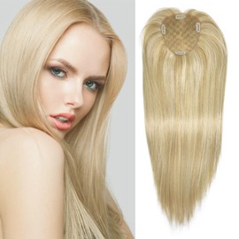 Womens Hair Topper No Bangs Premium Long Hair Wigs Blond Middle Part With Thinning Hair Wig Clip In Crown 16" Topper For Women (11cmX13cm, 24H613#-Pale Golden Blonde&Bleach Blonde-16'')