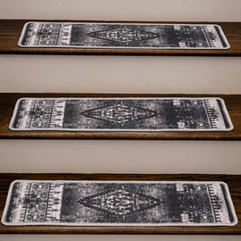 Benissimo, 13+1 Stair Treads Carpet with Landing Slip Resistant Stair Rugs, Set of 13 (9"x32") + 1 (31"x31") Runner for Indoor Wooden Steps, Printed Design, Dark Stonish