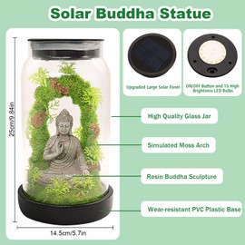 Solar Garden Buddha Statue for Home Decor - 9.8'' Zen Solar Lights Sculptures Decor with 15 LED, Sitting Meditating Buddha Serene Moss Figurine in Jar for Patio Lawn Yard Good Luck Housewarming Gifts