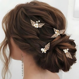 Handcess Bridal Wedding Hair Pins Gold Beads Hairpieces Leaf Hair Clips Rhinestone Headpiece Crystal Bridal Hair Accessories for Women and Girls (Pack of 4)