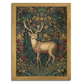 Framed 3D Textured Wall Art, Dark Academia Reindeer Deer Hand Drawn Sandstone Wall Decor, Vintage Botanical Florals Animal Picture, for Bathroom Living Room Bedroom Home Decor 12x16 inch