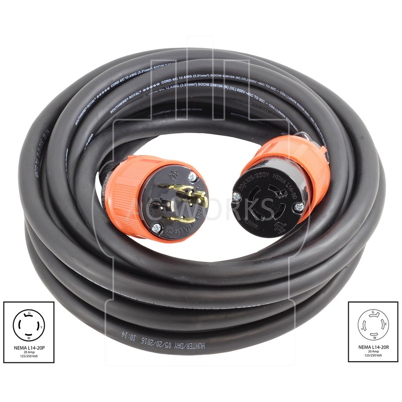 AC WORKS NEMA L14-20 Rubber SOOW 12/4 Extension Cord (10FT)