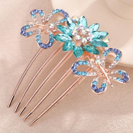Chargances Flower Crystal French Hair Comb Sparkly Rhinestone Inlaid Butterfly Hair Side Comb Long Teeth Hair Combs Wedding Bridal Hair Accessories for Women (Blue)