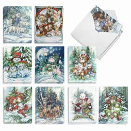 The Best Card Company - 20 Assorted Christmas Notecards Box Set 4 x 5.12 Inch with Envelopes (10 Designs, 2 Each) - Snowman Forest Animals AM7824XSG-B2x10