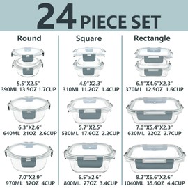 Bestfull 12 Pack Glass Food Storage Container Set with Lids Non Toxic, Stackable Borosilicate Glass Meal Prep Containers, Microwave, Oven, Freezer and Dishwasher Safe (Gray)