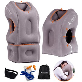 Modern Advantage Inflatable Travel Pillow with Adjustable Extra Bottom Support Neck Pillow for Chin & Head Stability Prevents Neck Pain Plane Pillow for Long Flight Travel Eye Mask & Earplugs - Grey