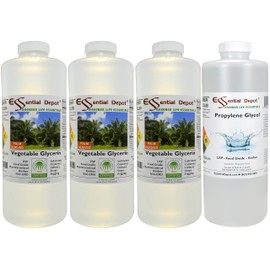 Vegetable Glycerin (RSPO Certified Halal Acceptable Palm Derived) 3 Quarts + Propylene Glycol 1 Quart - USP - Kosher - 4 x 1 Quart Container - Safety Sealed HDPE Container with resealable Cap