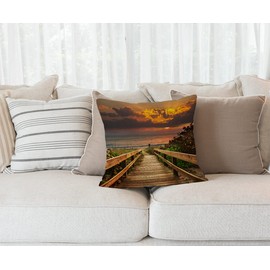 Throw Pillow Cover Wooden Pier to The Calm Idyllic Beach with Herbs and Bushes at Sunset Calm Sea Pillow Case Decorative 18 x 18 Inches Outdoor Cushion Couch Sofa Pillowcases
