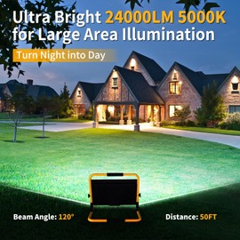 24000LM LED Work Light, 200W Ultra Brighter Flood Light with 16FT Cord Switch, Portable Worklight with Stand, 5000K IP66 Waterproof Outdoor Construction Lighting for Job Site Camping Workshop Garage