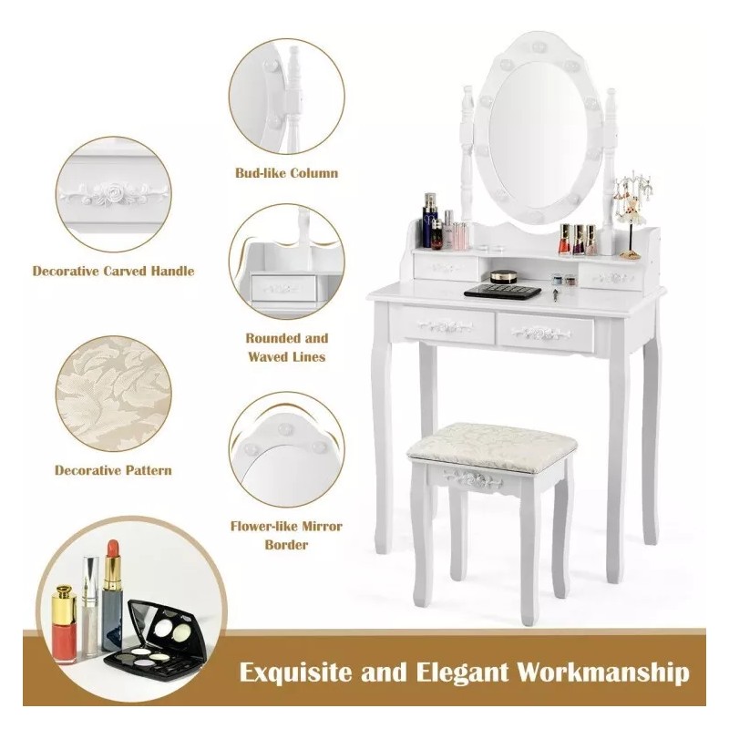 Costway Modern Dressing Table Set Makeup Vanity Desk w/Dimmable Bulbs