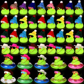 Sratte 140 Pcs Glow in The Dark Rubber Ducks Summer Mini Luminous Light Up Bulk Fluorescent Bath Toy Assorted Duck Sunglasses Necklace Swim Circle Hat for Baby Shower Party Gift