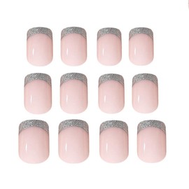 24 Pcs Spring Press on Nails Short Square,YIHONGYAN Silver Starburst Design Fake Nails Press ons Pink French Nail Tip Acrylic Kit Glue on Nails Full Cover False Nails Glitter Stick on Nails for Woman