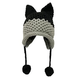 BIBITIME Women's Hat Cat Ear Crochet Braided Knit Caps Warm Snowboarding Winter (One Size, Black+LightGrey)
