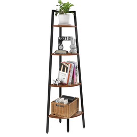 Yoobure Yoobure 4-Tier Corner Bookshelf with Metal Frame - Ladder Display Shelf for Bedroom and Living Room, Tall Wood Corner Bookcase and Plant Stand