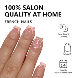 24pcs Short Square False Acrylic Press On Nails Reusable 3D Embossed French Tip Design with Cute Flowers (Pink-631)
