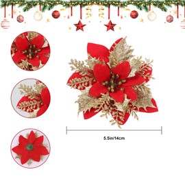 DOLACIA Christmas Artificial Flowers with Stems, 12 Pieces Xmas Glitter Poinsettia Flowers Wreath Ornaments for Christmas Tree, New Year, Wedding Party Garland Decoration(Red Gold)