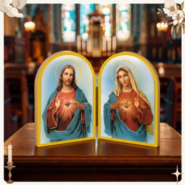 BrightRow 5.1 x 3.5 Inch Sacred Heart of Jesus Picture Immaculate Heart of Mary Folding Diptych Wall Catholic Art with Gold Tone Design for Prayer Room Christian Gift Religious Home Decor(Devotional)