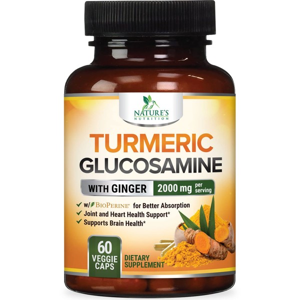 Turmeric Curcumin with BioPerine, Ginger & Glucosamine 95% CurcumJoint Support, Nature's Tumeric Extract Supplement, Non-GMO - 60 Capsules