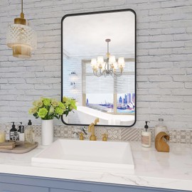 Hompruti Black Bathroom Mirror for Wall, 22x30 Inch Metal Framed Rounded Rectangle Mirror, Wall-Mounted Bathroom Vanity Mirror for Over Sink, Matte Black Wall Mirror for Bathroom, Vertical/Horizontal
