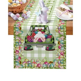 Happy Easter Cotton Linen Table Runners Vintage Farm Trucks Colorful Eggs Scarf Non-Slip Green Gingham Plaid Patterns Tablecloth for Farmhouse Kitchen Home Dining,Spring Holiday 14x72 inches Long