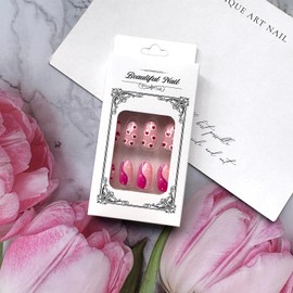 Spring Press on Nails Short Fake Nails Full Cover Oval Shaped Glue on Nails with Flowers Hearts Line Design Glossy Nude Acrylic Nails Cute Short Almond Stick on Nails for Women