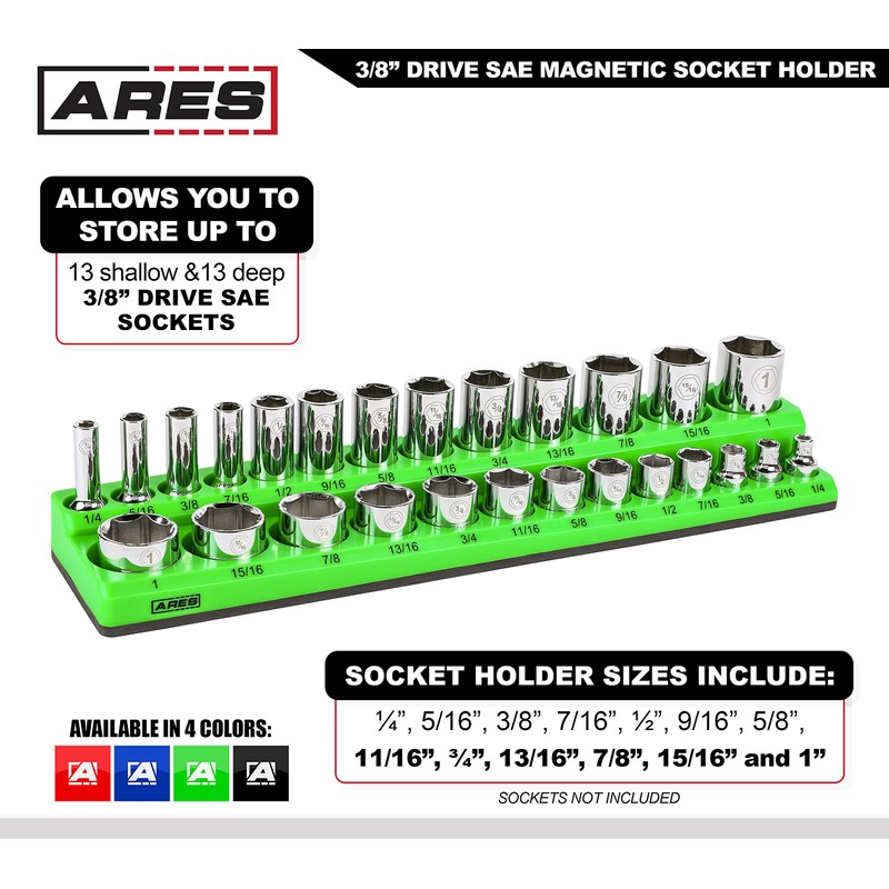 ARES 60007-26-Piece 3/8 in SAE Magnetic Socket Organizer -GREEN -Holds