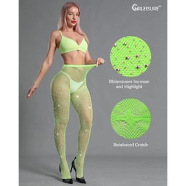 CHRLEISURE Women's Sparkle Rhinestone Fishnets, Sexy Sparkly Glitter Party Concert Outfit Fishnet Stockings (Green)
