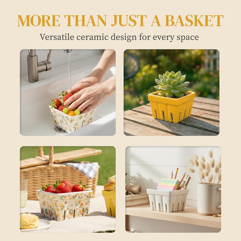 BIEN BEAU Ceramic Berry Basket, Farmhouse Colander, Farmers Market square