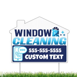 10-Pack Custom Window Cleaning Yard Sign - Two Sided Print - House Shaped Cut - Includes Two 24 Inch Yard Stakes Per Sign, American Made