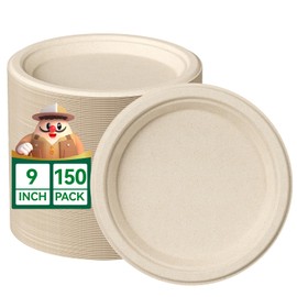 JOLLY CHEF 100% Compostable Paper Plates, 150 Pack 9 Inch Heavy Duty Plates, Disposable Biodegradable Eco-Friendly Sugarcane, Bulk Nature
