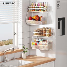 Magnetic Shelf for Fridge with Wide & Thick Magnet, 2 Pack Refrigerator Organizer Basket with Bamboo Top, Storage for Fruit, Potato, Onion, Kitchen, Pantry, Laundry (White, 13.8" x 6.8" x 11.8")