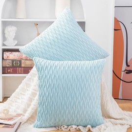 Madizz Pack of 2 Super Soft Velvet Decorative Cushion Covers with Texture Luxury Style Throw Pillow Cases Pillow Shell for Sofa Bedroom Square Light Blue 20x20 inch
