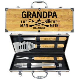 Grandpa Gifts from Grandkids Christmas, Heavy Duty Wooden BBQ Grilling Accessories Kit for Backyard, Thick Stainless Steel Grill Utensils with Non-Slip Handle Tools in Portable Bag Birthday
