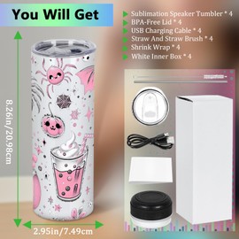 oaptuza 4 Pack 20Oz Music Speaker Tumbler, Skinny Straight Sublimation Tumblers, Stainless Steel Double Wall Insulated Speaker Cup With Detachable LED Light（Black）