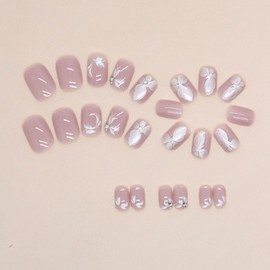 Square Press on Nails Short Fake Nails with White Butterfly Rhinestones Designs Light Pink Nails Press ons Cute Acrylic Nails Glossy Glue on Nails Spring Summer Stick on Nails for Women 24Pcs
