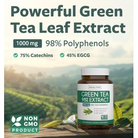Healths Harmony Green Tea Extract Capsules 98% with EGCG - 120 Count (Non-GMO) for Natural Metabolism Boost - Leaf Polyphenol Catechins - Antioxidant Supplement - Green Tea Pills - 1000mg (500mg per Capsule)